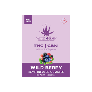 Wikid Hemp Wild Berry gummies, 5-count pack with 5 mg THC and CBN per gummy, infused with indica terpenes.